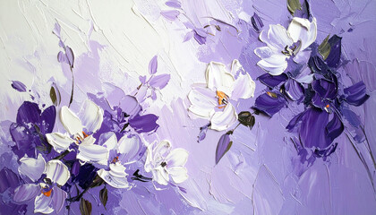 Abstract purple white acrylic surface. Floral style. Oil painting texture on canvas. Hand painted