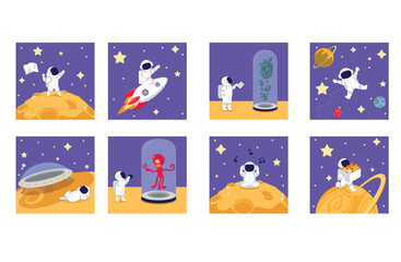 Fototapeta premium A Collection of Illustrations Featuring Adventurous Astronauts in the Expansive Outer Space