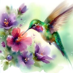 Hummingbird and Flowers Watercolor Painting