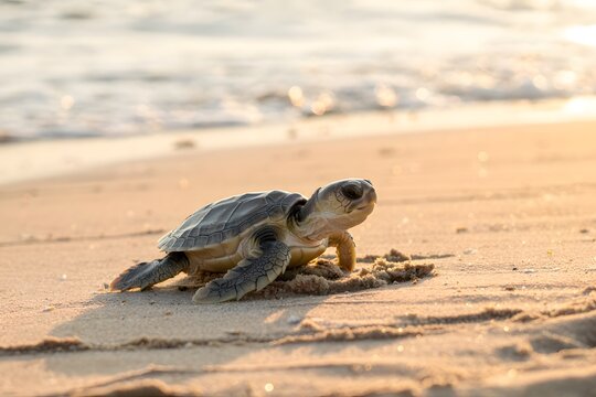 Baby sea turtle crawling on sandy beach at sunset