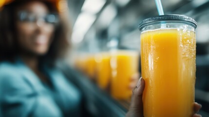 A vibrant glass of freshly squeezed orange juice is highlighted, with a joyful individual blurred in the background, evoking feelings of freshness and relaxation.