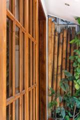 wooden window frames bamboo walls climbing plants vines pothos facade blur bokeh background