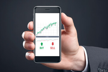 Businessman shows data screen smartphone chart stock market investment.