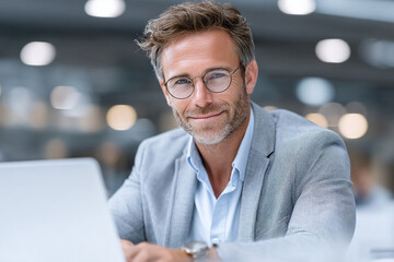Confident businessman with glasses working on laptop in modern office.