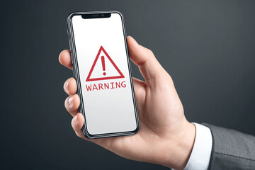 Businessman holding smartphone shows warning alert on screen.