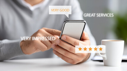 Man giving five-star customer service feedback review on smartphone.