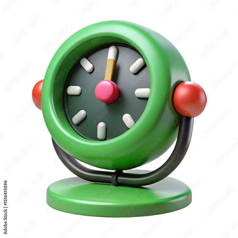 Poster vibrant 3d rendering of a green alarm clock with red accents on a black background ideal for design 