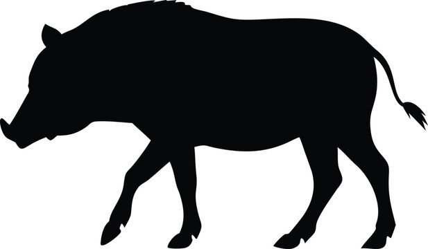 A black silhouette vector illustration depicting a walking warthog animal design on a white background
