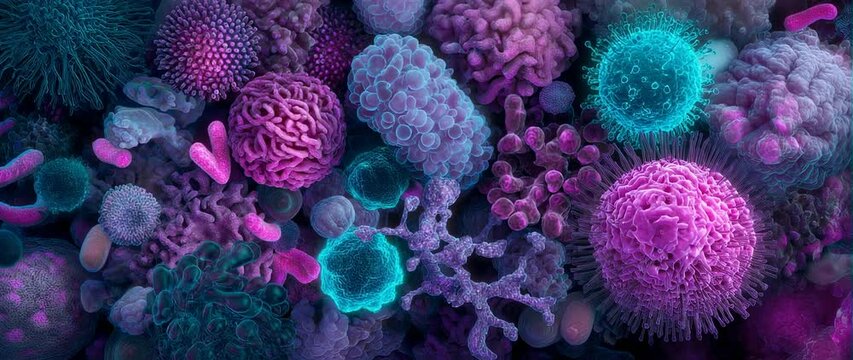 Anamorphic video Close-up of bacteria and viruses or dust of various shapes