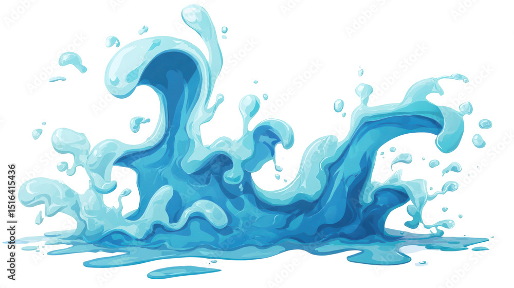 Poster cartoon water is splashing, creating a dynamic and refreshing scene against a transparent background