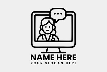 Obraz premium Black and white outline illustration of a doctor on a computer screen in an online virtual meeting. Teleconference concept