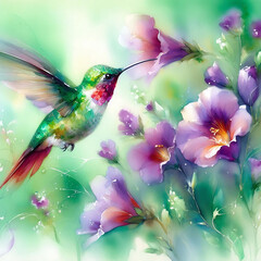 Hummingbird sipping nectar from vibrant purple flowers in a watercolor style.