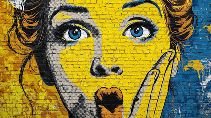 Pop Art street art mural on a brick wall, woman mural