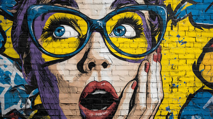Pop Art street art mural on a brick wall, woman mural