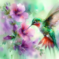 Hummingbird and Hibiscus in Watercolor