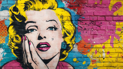 Pop Art street art mural on a brick wall, woman mural