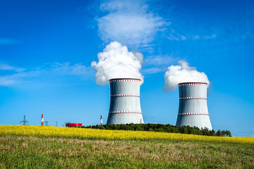 Nuclear power plant, cooling towers and power lines in Ostrovets, Grodno region, Belarus.