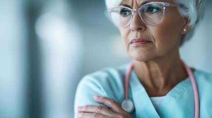 A senior nurse with glasses displays a thoughtful expression, reflecting her dedication and compassion towards patient care in a healthcare setting.