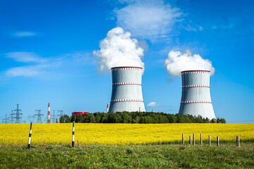 Nuclear power plant, cooling towers and power lines in Ostrovets, Grodno region, Belarus.