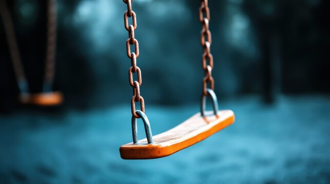 A solitary swing sways gently in a misty playground, evoking nostalgia and tranquility, inviting onlookers to reminisce about childhood memories and simpler times.