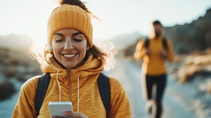 A cheerful woman smiles while using her smartphone during a hike, capturing a joyful moment in nature, blending modern technology with the beauty of the outdoor experience.