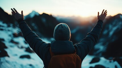 This image captures a man joyfully standing atop a mountain, arms raised in celebration of the beautiful sunrise, symbolizing triumph and exploration in nature's grandeur.