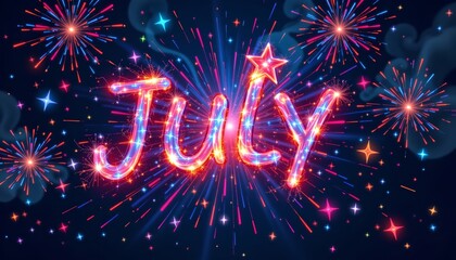 a stylized digital painting of july 4th with glowing typography and starburst effects