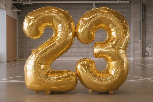 Gold number 23 balloon with a basketball jersey print on a court floor background, sports celebration humor