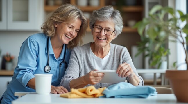 A nurse and an elderly woman smile while looking at a tablet together at home, enjoying a moment of connection and happiness.
