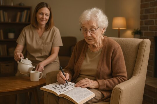 An elderly woman solves a crossword puzzle while a caregiver pours tea in a cozy, warmly lit living room.