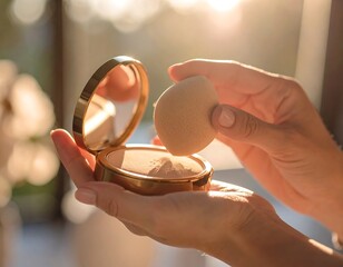 Hands holding a compact powder with a makeup sponge