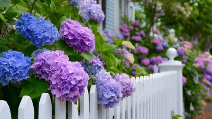 Fototapeta premium Beautiful hydrangeas blooming beside a white picket fence in a tranquil garden setting
