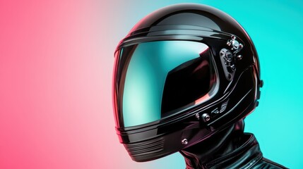 A sleek black helmet with a shiny visor shines against a dynamic colorful background, embodying elements of modernity, exploration, and futuristic design aesthetics.