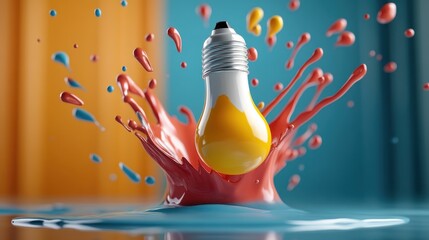 A light bulb plunging into vibrant liquids creates a dynamic splash, illustrating the fusion of innovation and creativity through the use of vivid colors.