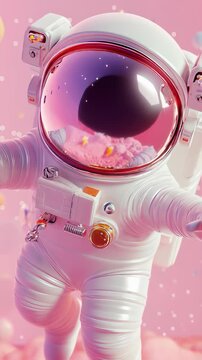 Vertical video 3D render cute astronaut with a glossy helmet