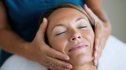 Naklejka premium Woman receiving relaxing facial massage therapy 