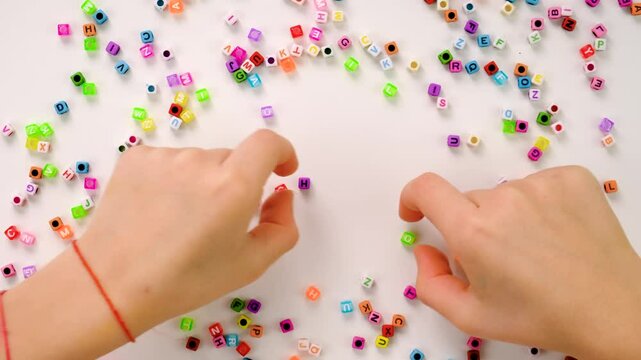 Child cubes and the word school. Selective focus.
