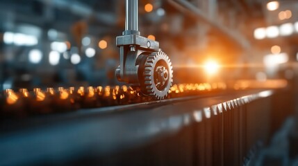 An industrial gear sits on a production line, illuminated by warm backlighting, symbolizing innovation, technology, and the efficiency of modern engineering.
