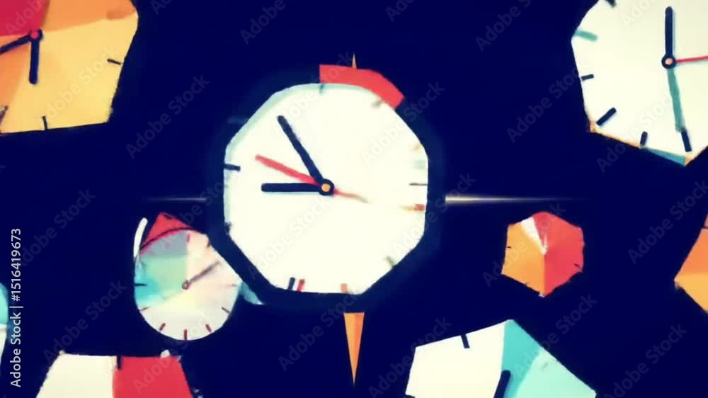 Poster abstract clockwork chaos colorful hexagonal timepieces exploding