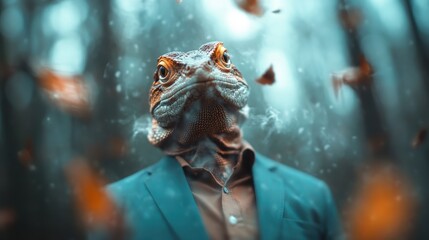 An artistic portrait merging a lizard's head with a formal suit, representing the complexities of identity and modern life in a surreal and visually engaging manner.