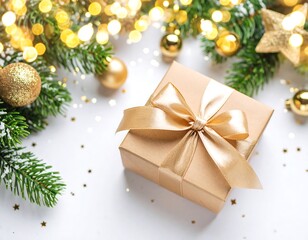 Christmas gift box, golden ribbon, festive decorations
