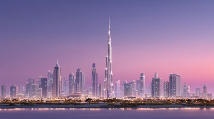 Obraz premium Modern Dubai Skyline at Sunset with Tall Skyscrapers and City Lights