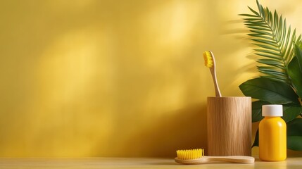A delightful arrangement of eco-friendly bathroom items set against a cheerful yellow background, symbolizing sustainability, cleanliness, and modern design in everyday living.