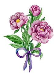 Pink garden flowers isolated on white background, watercolor illustration. Pink floral bouquet, burgundy peonies border. lilac hydrangea, frame, wreath. Summer design. Wedding invitation