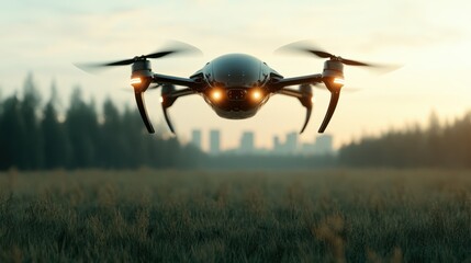 A sleek drone hovers in a sunlit field with a city skyline in the distance, illustrating the blend of technology and nature in modern landscapes.