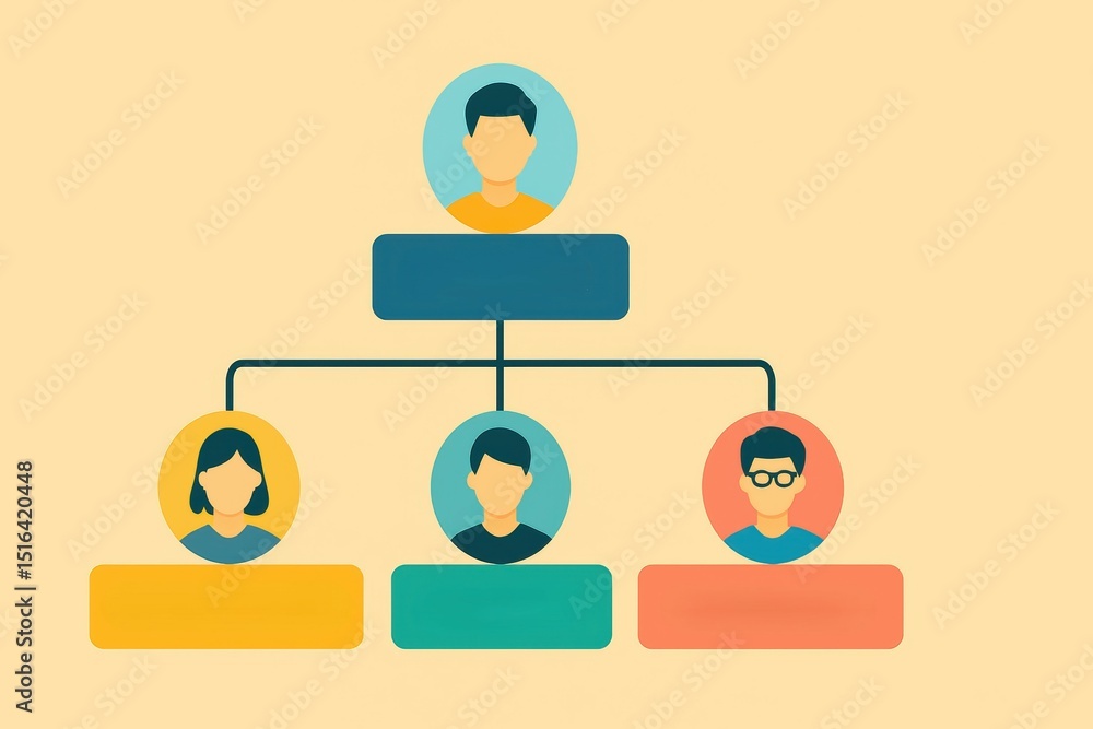 Poster colorful team structure illustration with diverse characters and hierarchical organization elements