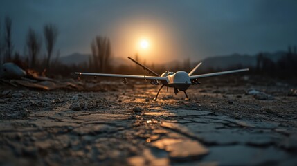 A military drone sits atop cracked earth during sunset, symbolizing the intersection of technology and the gritty realities of modern warfare in striking light.