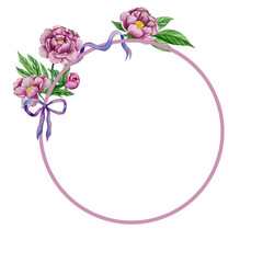 Pink garden flowers isolated on white background, watercolor illustration. Pink floral bouquet, burgundy peonies border. lilac hydrangea, frame, wreath. Summer design. Wedding invitation