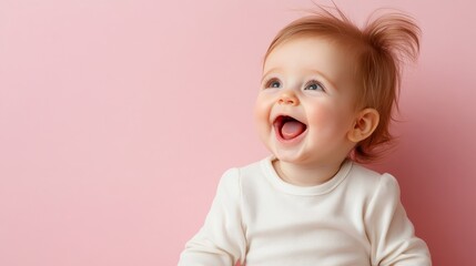 A joyful baby with fluffy hair enjoys a moment of pure happiness, captured against a soft pink background that exudes warmth and innocence.