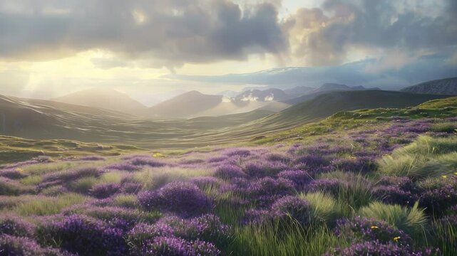 Rolling Hills Covered With Purple Heather.